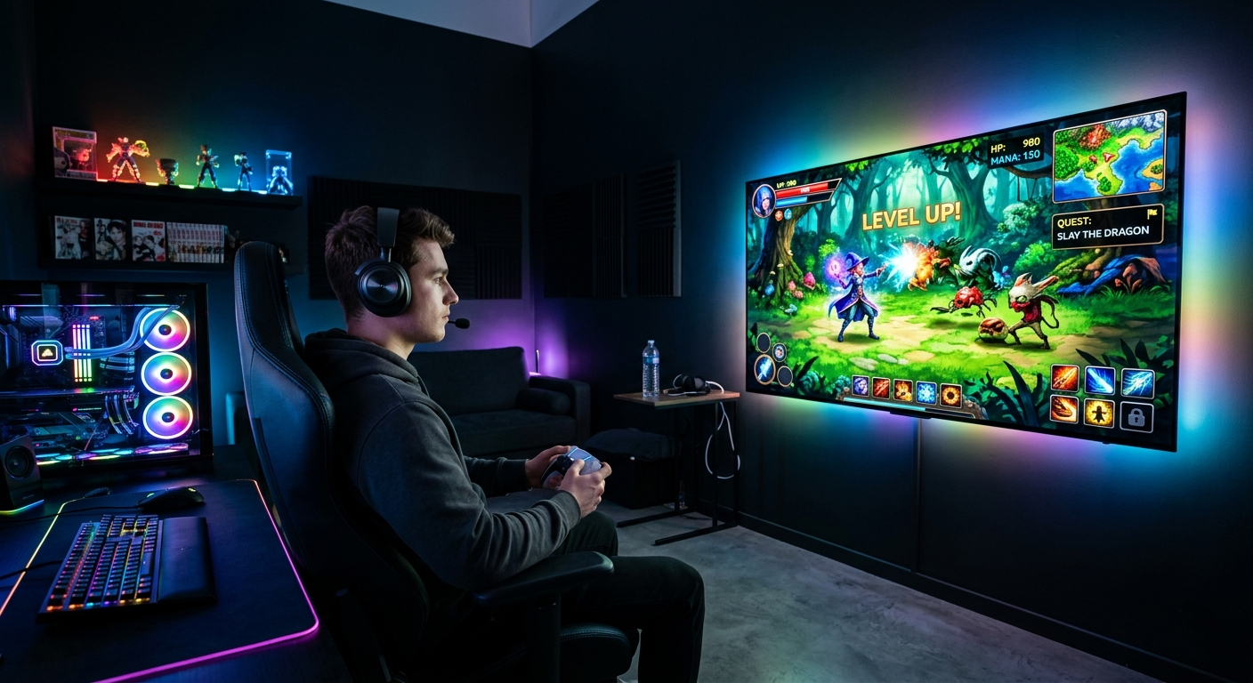 Joueur en train de jouer sur une grande TV OLED dans une pièce sombre avec éclairage RGB et image ultra-réactive