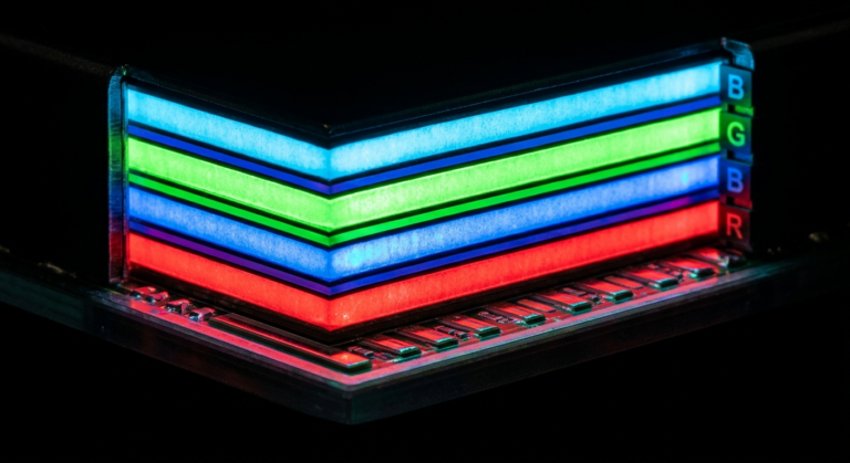 Schéma des 4 couches de la dalle Tandem OLED Primary RGB Tandem (bleu, vert, bleu, rouge) – technologie LG G5, Panasonic Z95B, Philips OLED+950