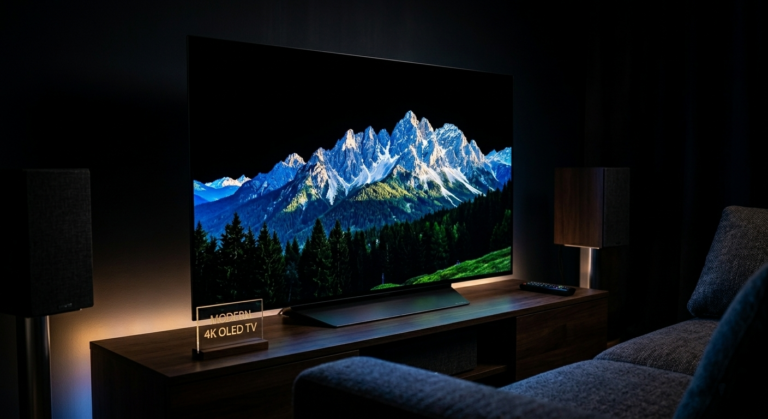 Téléviseur OLED 4K allumé dans un salon sombre avec image cinématique aux noirs profonds et couleurs vives