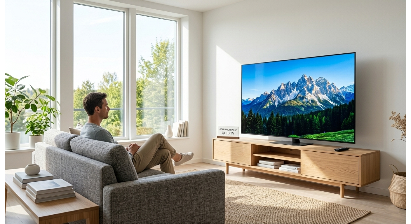 Salon lumineux avec grandes fenêtres et téléviseur QLED Mini LED affichant une image très lumineuse en plein jour