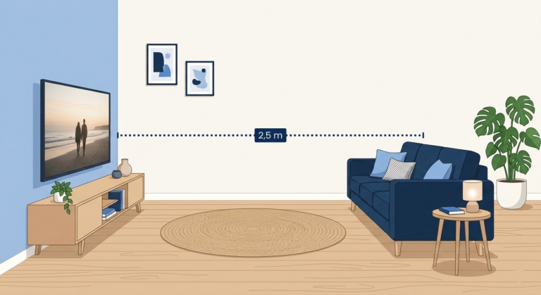 Schéma illustrant la distance idéale entre un canapé et une TV selon la taille de l'écran