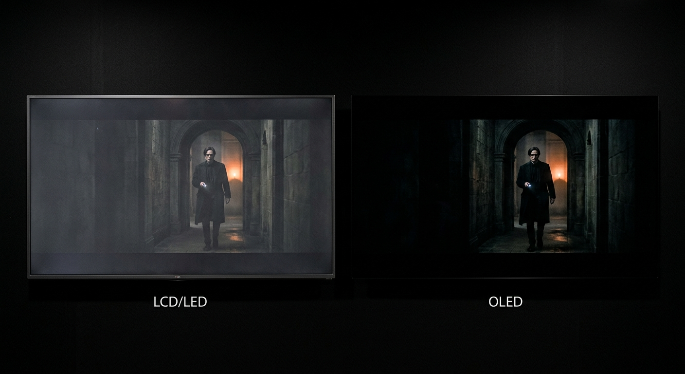 Comparaison côte à côte d'un téléviseur LCD et d'un téléviseur OLED affichant le même paysage de montagne - différence de contraste visible