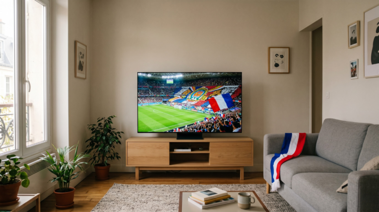 TV Mini LED 55 pouces 4K HDR dans un salon lumineux pendant un match de la Coupe du Monde 2026