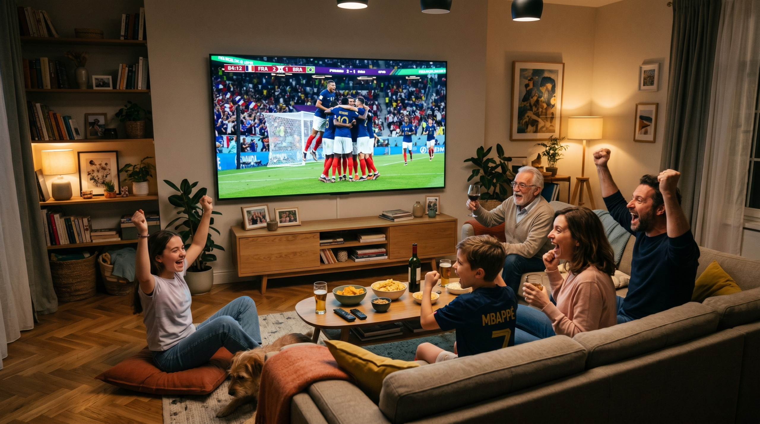 Famille réunie dans un salon devant une grande TV 4K de 75 pouces pendant un match de la Coupe du Monde 2026