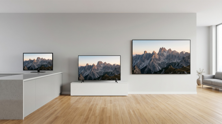 Comparaison visuelle des tailles de TV de 32 à 98 pouces pour choisir la diagonale adaptée à son salon