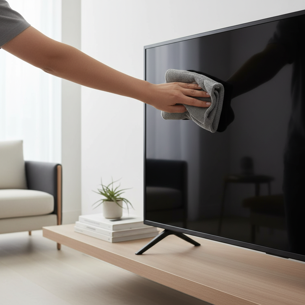 Main tenant une microfibre pour nettoyer un téléviseur moderne éteint