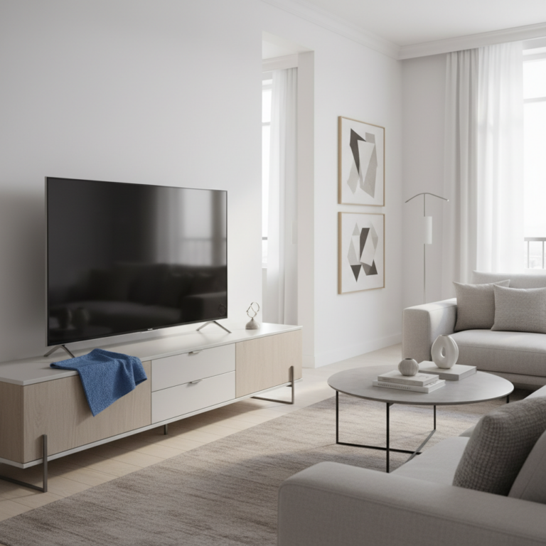 Téléviseur moderne éteint dans un salon contemporain avec chiffon microfibre posé sur le meuble