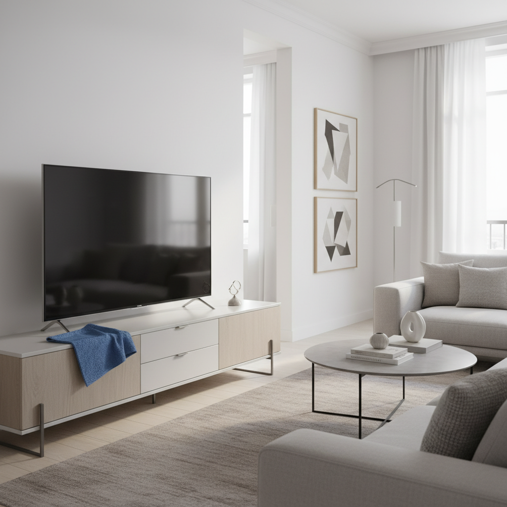 Téléviseur moderne éteint dans un salon contemporain avec chiffon microfibre posé sur le meuble