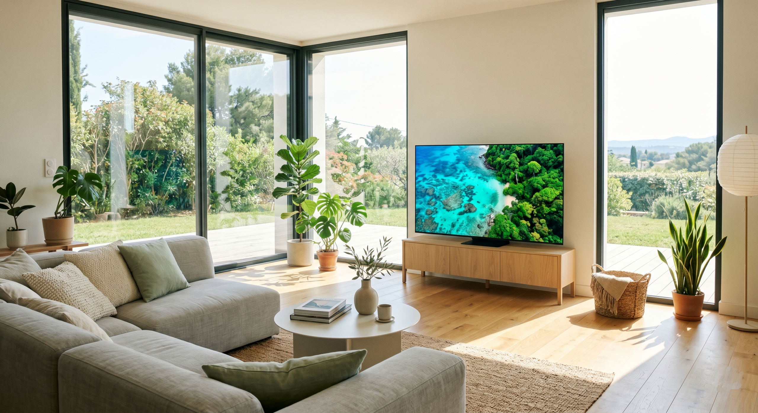 TV dans un salon lumineux avec grandes baies vitrées