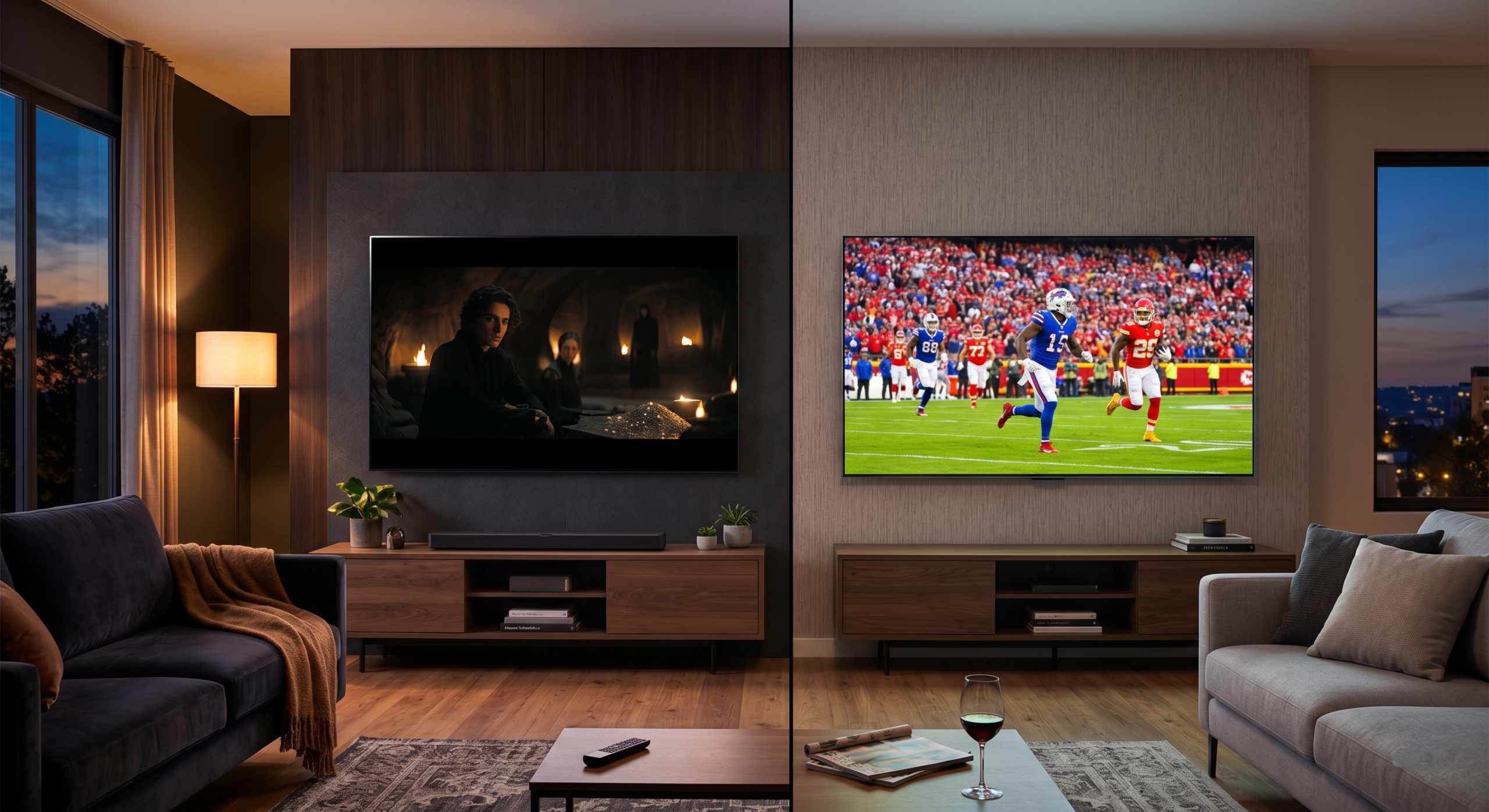 Comparaison visuelle OLED vs QLED dans un salon moderne en 2026