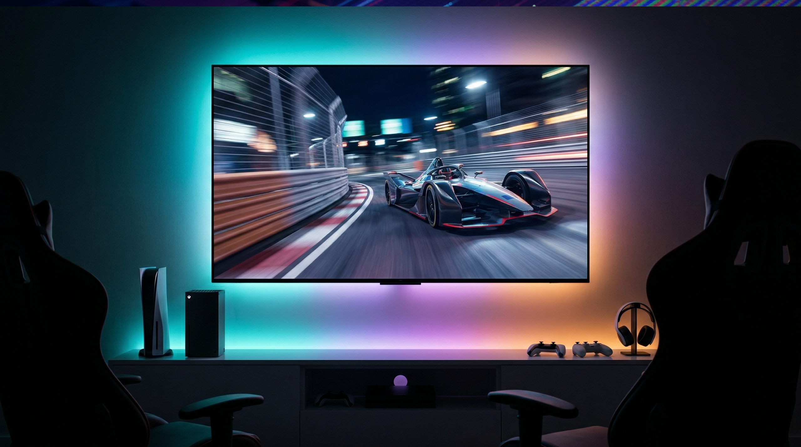 Setup gaming avec TV OLED haut de gamme et consoles next-gen