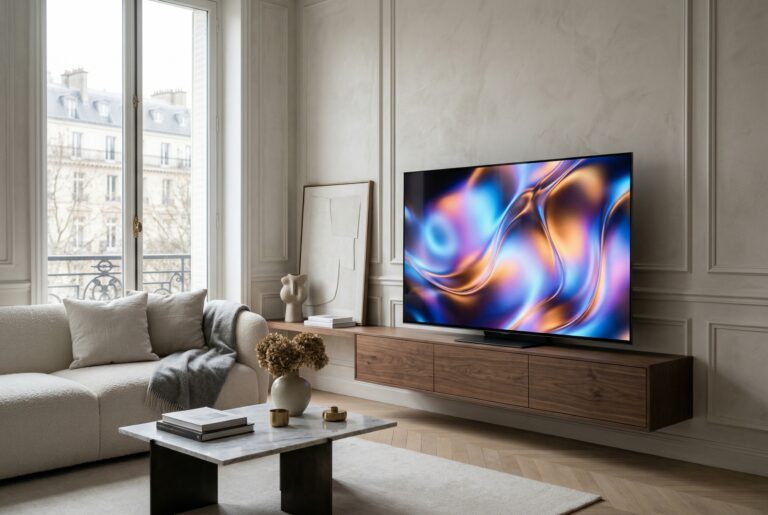 Téléviseur Panasonic 2026 dans un salon moderne et lumineux
