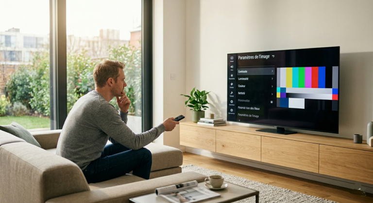 Personne paramétrant les réglages image de son téléviseur via la télécommande