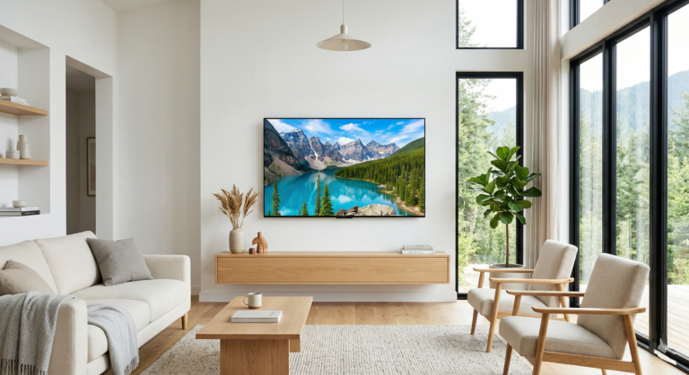 Télévision premium dans un salon très lumineux avec grandes baies vitrées